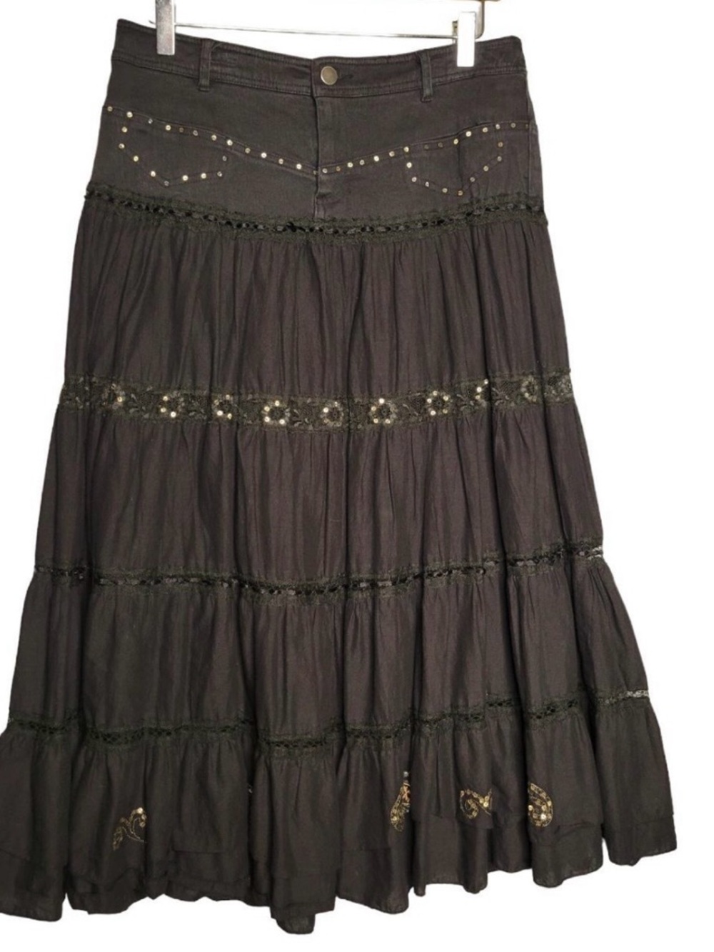Western Boho Cotton Denim Embellished Embroidered Tiered Maxi Skirt Large Black